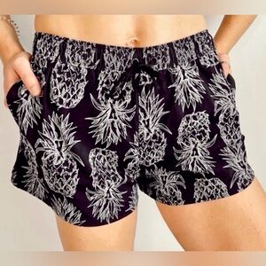 Lauren James Black White Pineapple Waterproof Athletic Swim Drawstring Shorts
